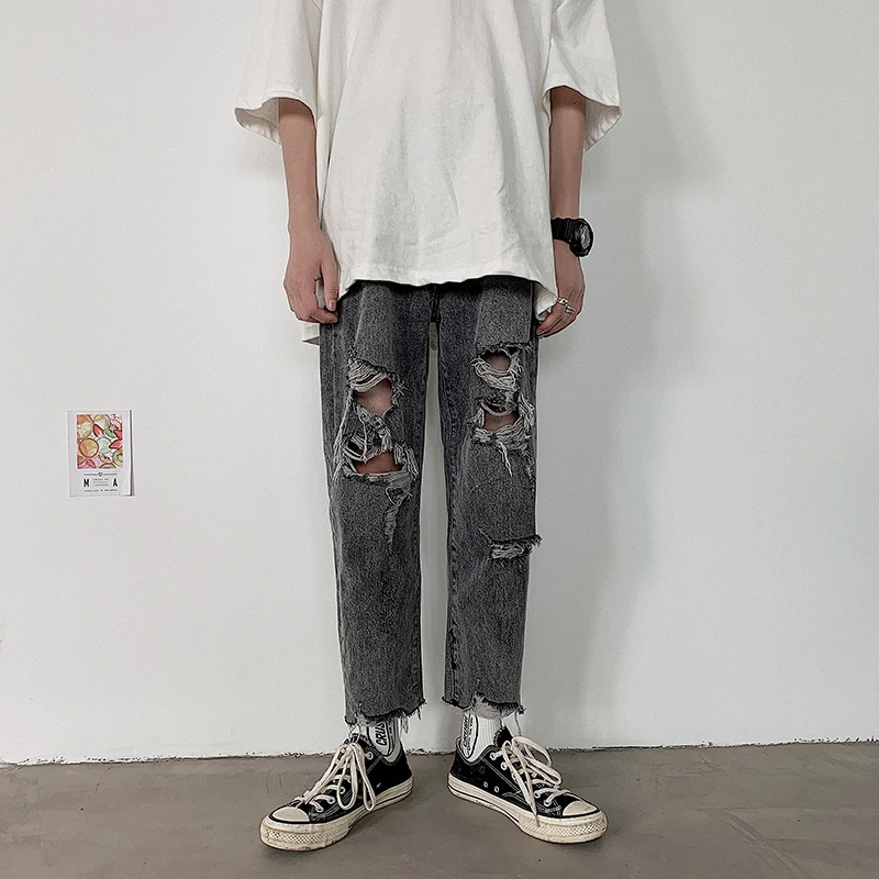 

2019 Summer Men's Fashion Classic Rock Holes Wash Jeans Baggy Homme Mens Trousers Grey Color Ripped Casual Pants Plus Size M-2XL