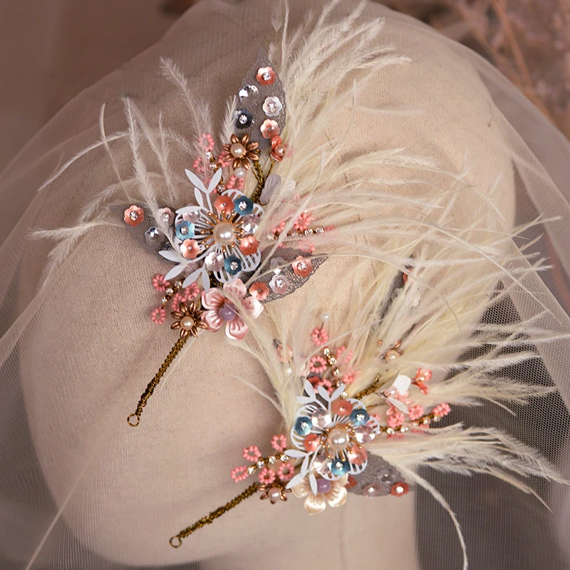 Барокко элегантный невесты заколка перо Свадебный головной убор с серьгой свадебные аксессуары для волос стразы вечерние украшения для волос