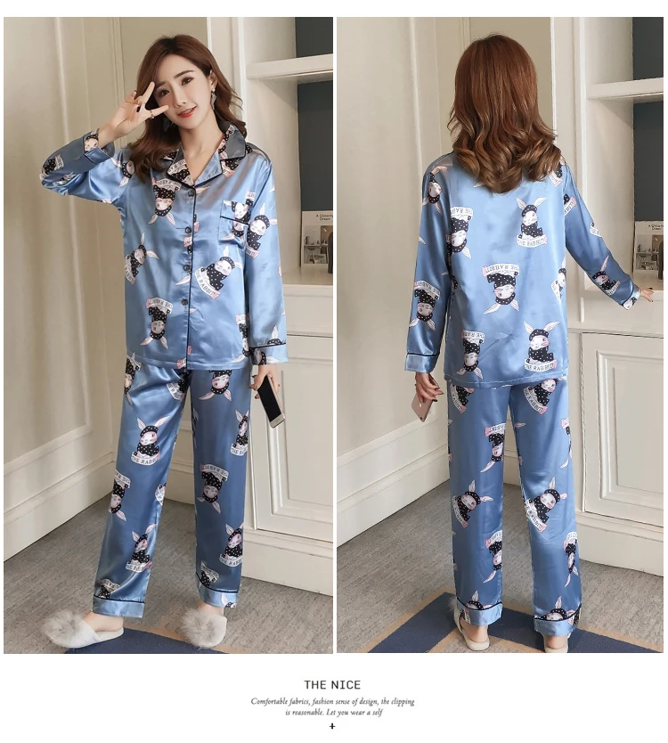 2018 Осень Высокое качество шелковый атлас Pajama наборы для Для женщин с длинными рукавами Домашняя одежда Пижама женский Lounge Пижама домашняя