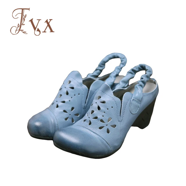 Tayunxing handmade shoes genuine leather sheep skin hollow women sandals back strap elastic band comfort retro med heel 201-10