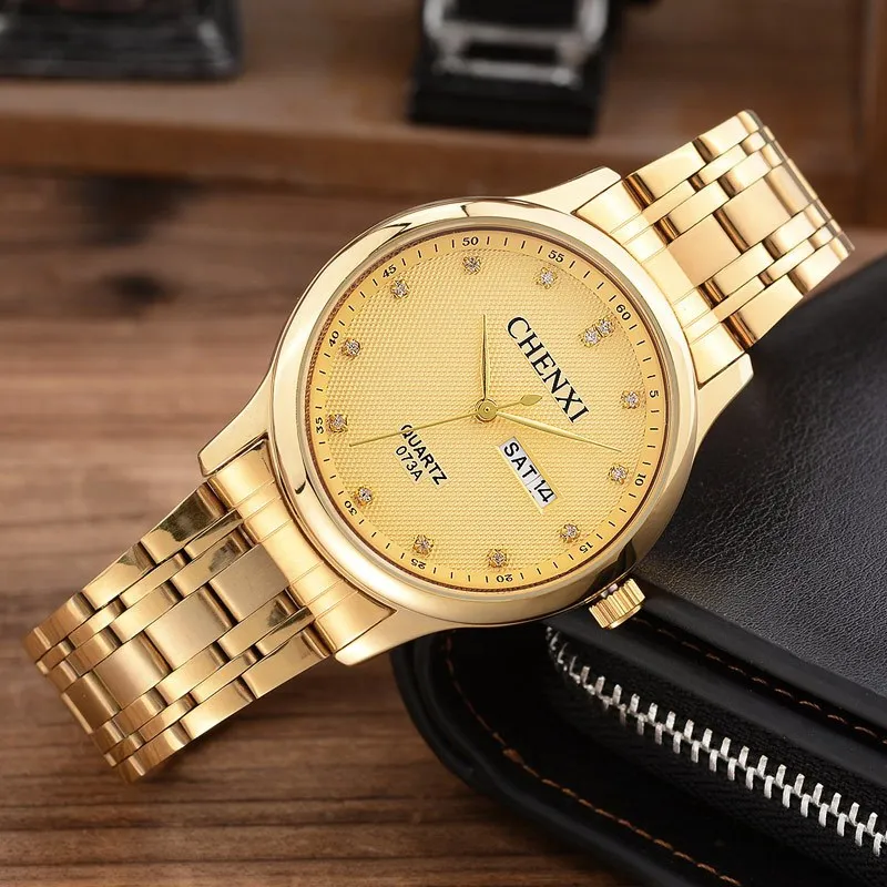 CHENXI золотые часы мужские наручные часы лучший бренд класса люкс известный мужской часы золотые кварцевые Полный календарь Relogio Masculino - Цвет: 073A Golden
