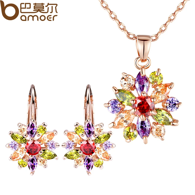 BAMOER Luxury Gold Color Flower Jewelry Sets For Women Wedding with