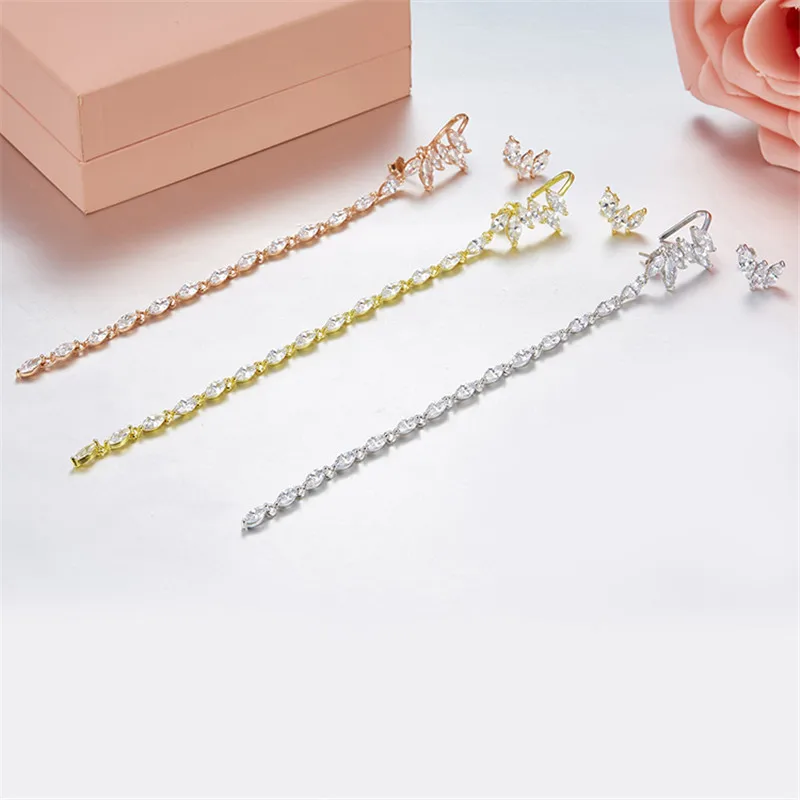 

ZOZIRI brand real S925 sterling silver asymmetric water drop earrings for women shiny cubic zirconia long chain earrings jewelry