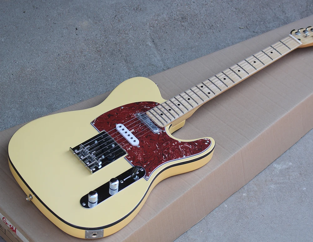 Factory custom yellow body electric guitar with black binding,maple neck,red pearl pickguard,chrome hardware,can be customized