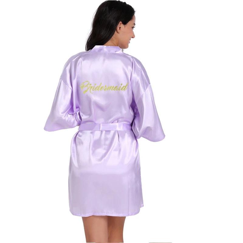 Кимоно для невесты с золотым блестящим принтом и буквенным принтом, женское платье из искусственного шелка для девичника, свадебные вечерние халаты - Цвет: Lavender Bridesmaid