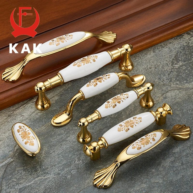 KAK Gold Flower Ceramic Handles Zinc Alloy Drawer knobs