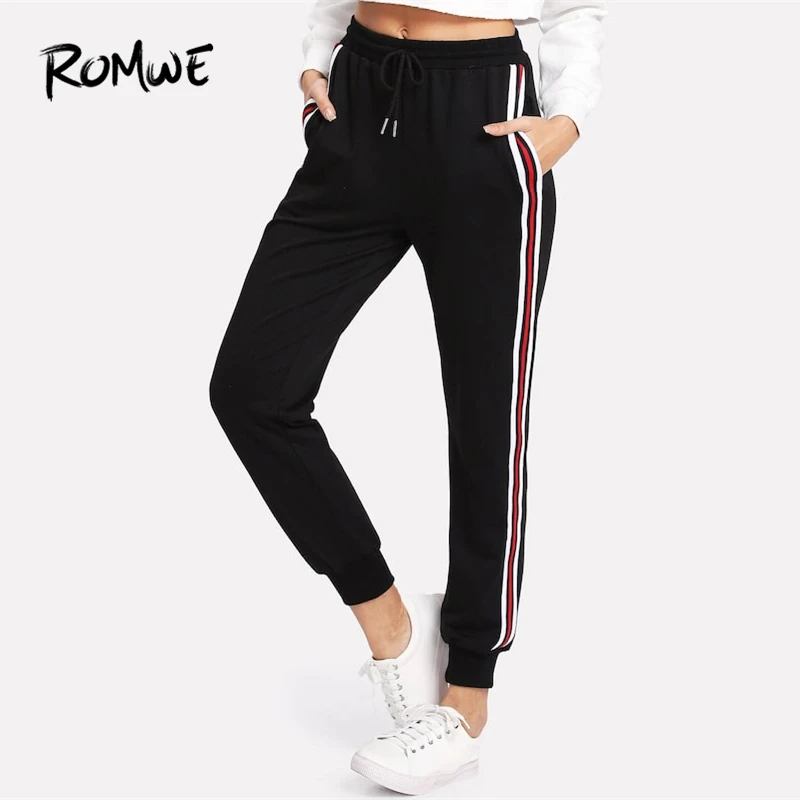 

ROMWE Black Pocket Striped Tape Side Drawstring Sweatpants Women Casual Autumn Fashion Pants Bottoms Spring Sporty Trousers