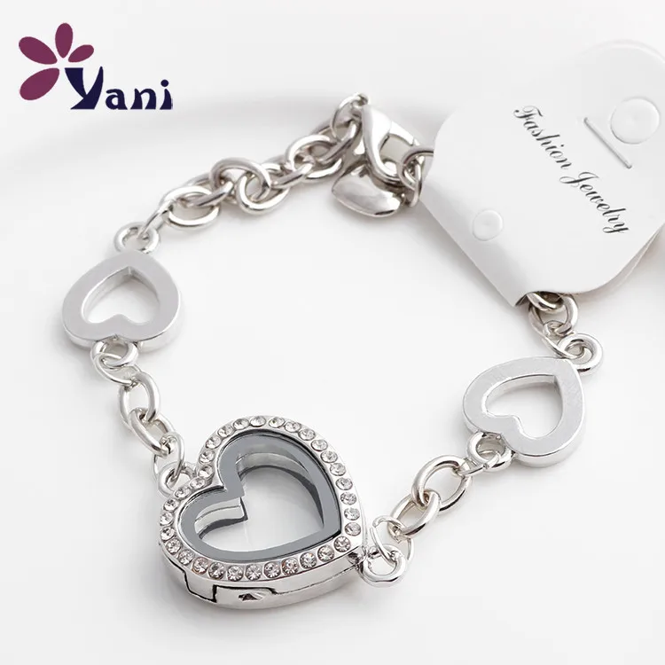 

10pcs/lot Newest Alloy Floating Heart Locket Bracelet with Crystal Openable Glass Locket Bracelet & Bangles for Women