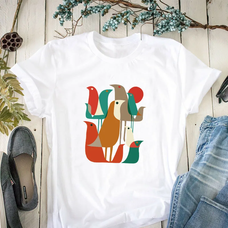 

SINGRAIN Oversized women print tee shirt 100% cotton S-5XL cute birds harajuku t shirts basic Tops plus size cartoon Tees