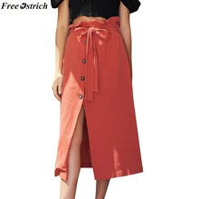 Страусиная женская летняя пышная богемная летняя Праздничная пляжная юбка, Повседневное платье с высокой талией и пуговицами на поясе, хлопковое льняное платье макси с запахом