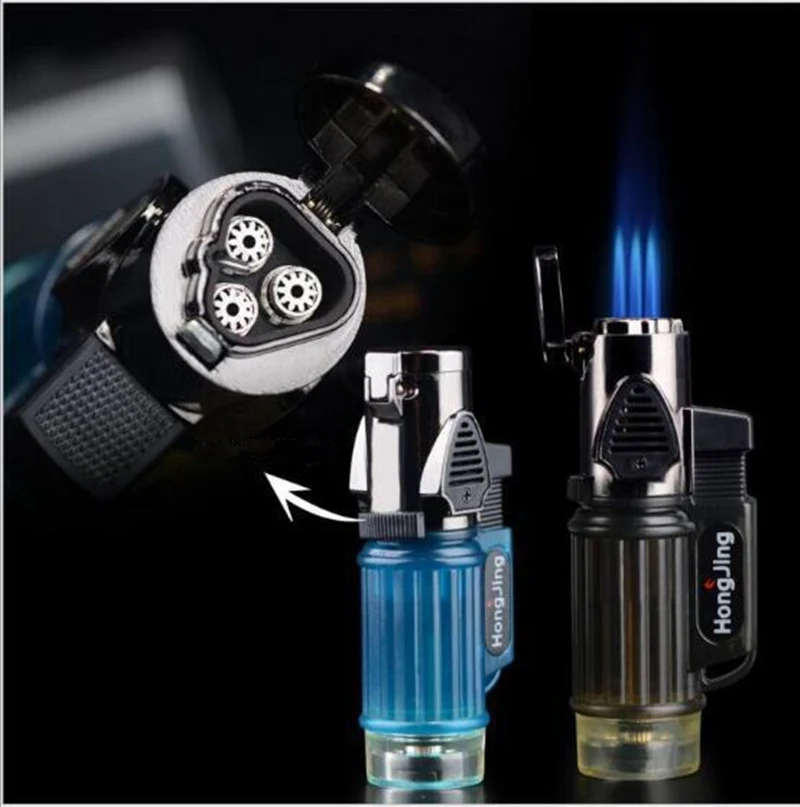 

Powerful 3 Nozzles Torch Gas Lighter Windproof Jet Butane Turbo Lighter Inflatable Cigar Pipe 1300 C Spray Gun Free 3 Fire