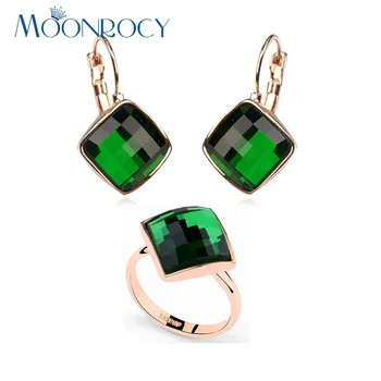 

MOONROCY Free Shipping Earring Ring fashion green crystal set rose Gold Color Crystal Jewelry Set for women