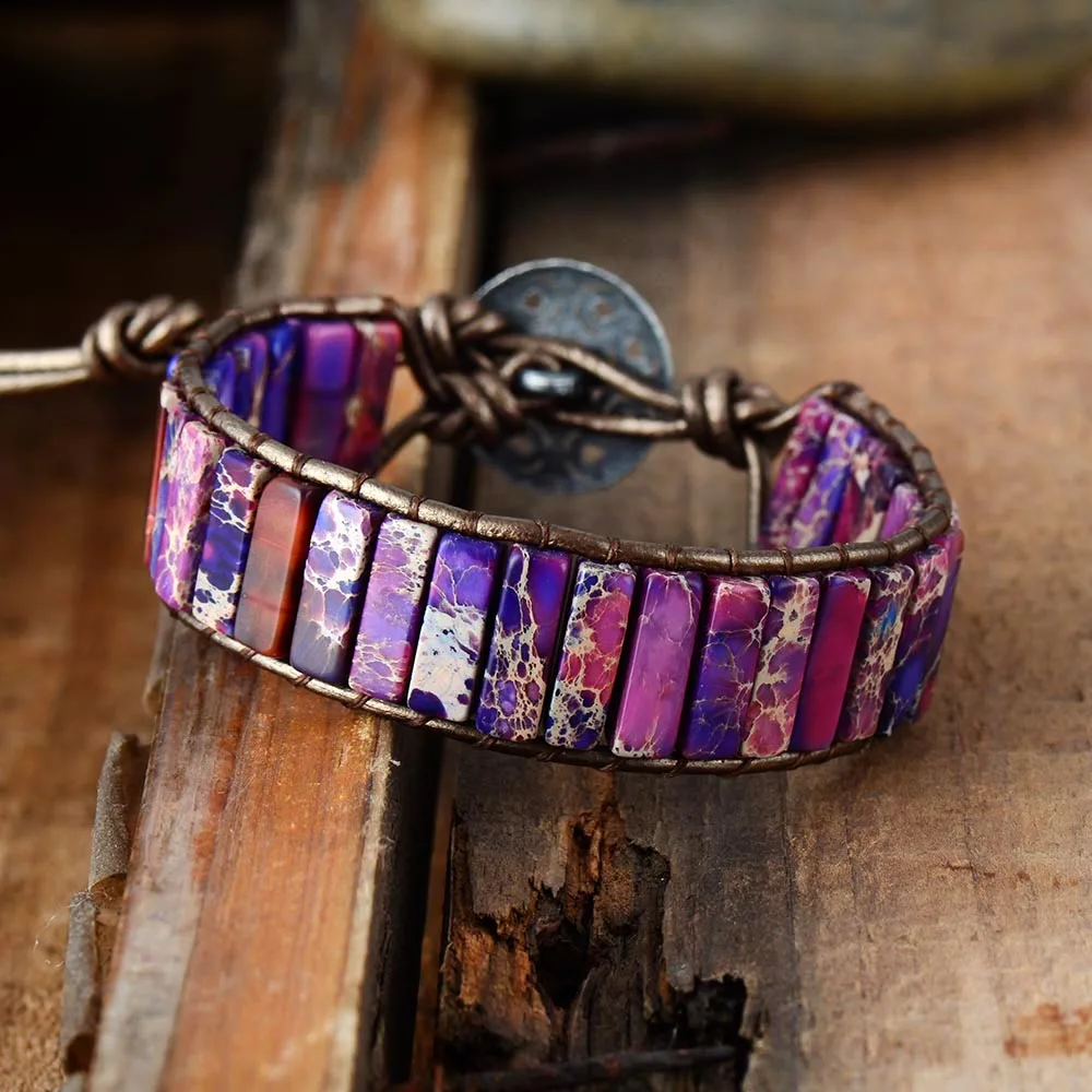 

New Punk Bracelet Femme Natural Japser Stone Single Leather Wrap Bracelet Beads Bohemia Beach Bracelet Jewelry