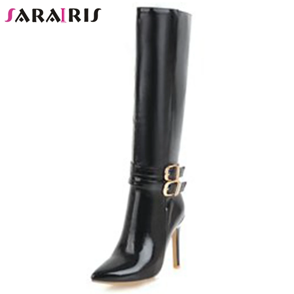

SARAIRIS 2019 Autumn Winter Plus Size 34-43 Patent PU mid-calf Boots Women Mature Pointed Toe High Heels Shoes Woman