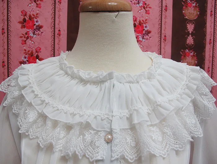 Ретро стиль длинный расклешенный рукав Лолита кружевная блузка женская размера плюс шифоновая белая рубашка с многослойными кружевными оборками