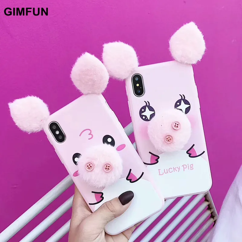 

Gimfun Korea Cartoon Pig Phone Case Pink Fur Ball Phone Case for Iphone Xs Max XR 6 7 8 Plus Soft Silicon Case Back Cover