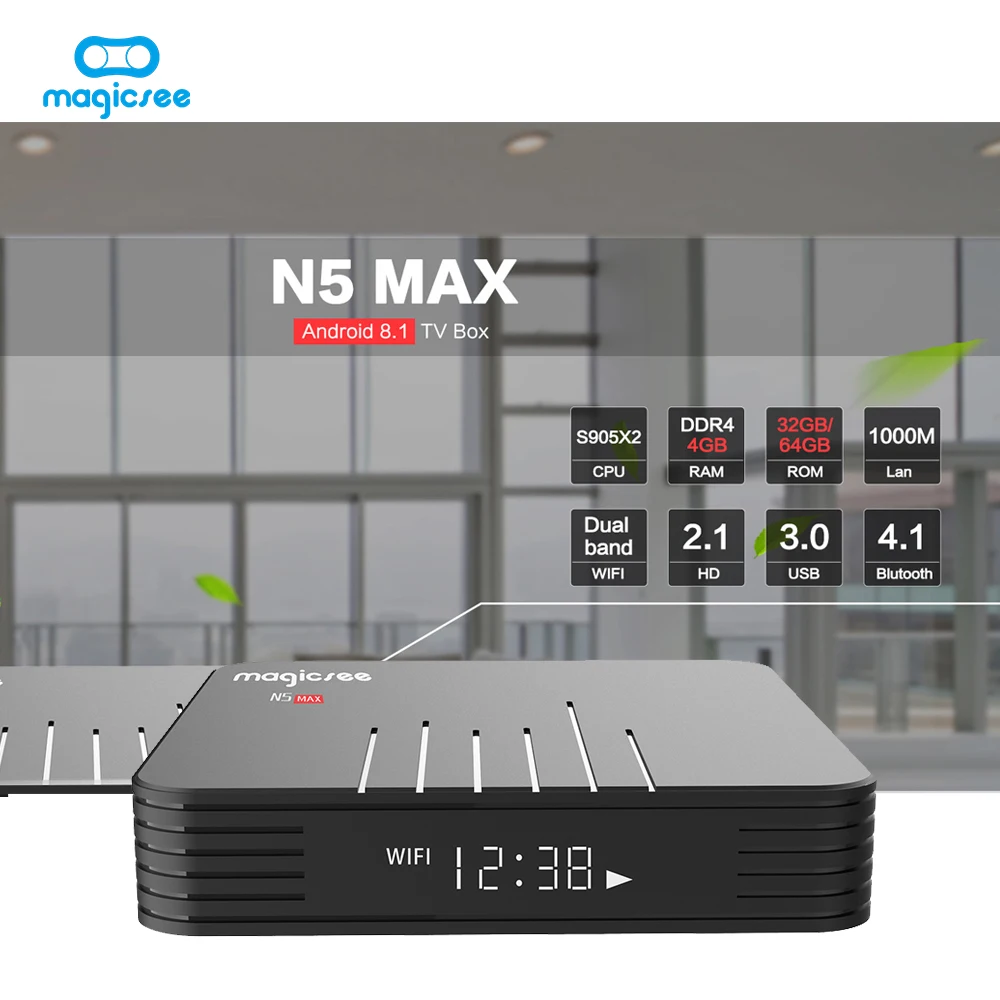 

Magicsee N5 MAX Android 8.1 Smart TV Box S905X2 4GB DDR4 RAM 32GB ROM 2.4G/5G WiFi BT 4.1 USB 3.0 Top Box 4K H.265 Media Player