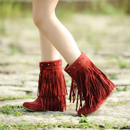 

Fringed boots Low-heeled red round Plus Size 9 Tassel Rivets Women Boots
