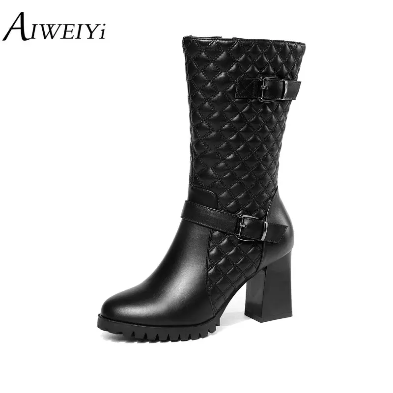 

AIWEIYi Half Knee Boots for Women Black Genuine Leather Thick Heel High Heels Platform Shoes Fur Warm Winter Snow Boots Shoes