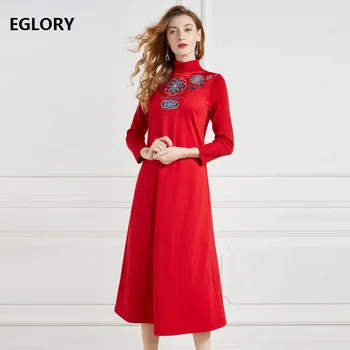 

Turtleneck Dress 2019 Winter Fashion Casual Party Vintage Dress Women Exquisite Embroidery Knitted Sleeve Patchwork Midi Dress