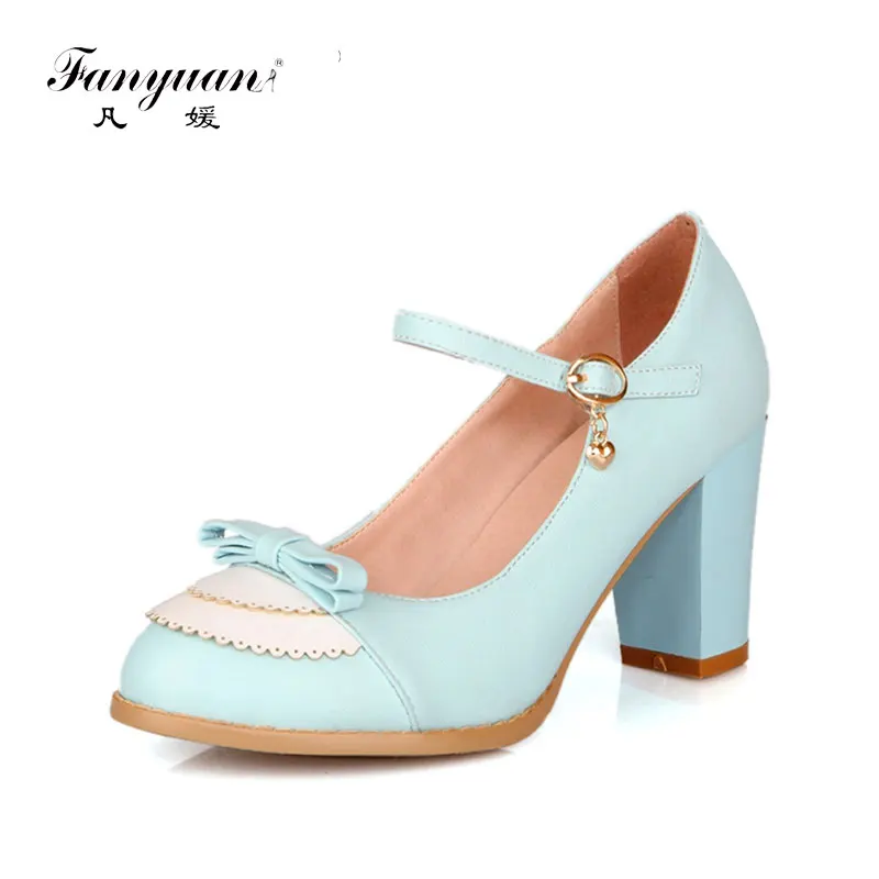

fanyuan 2019 Size 32-45 Classic Mary Jane Style Chunky High Heel Shoes Woman Sweet Bowtie Pumps Party Wedding Prom Footwear