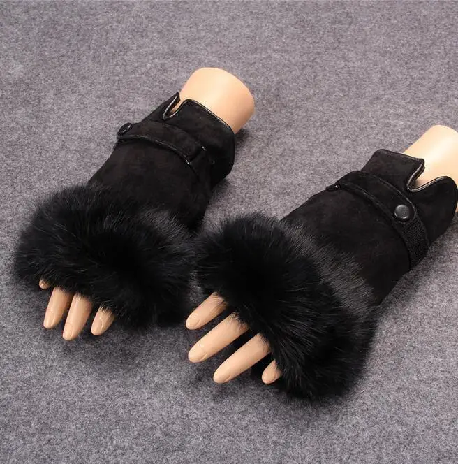 New High Quality Women's Rabbit Fur winter leather Warm Fingerless Gloves Hot 