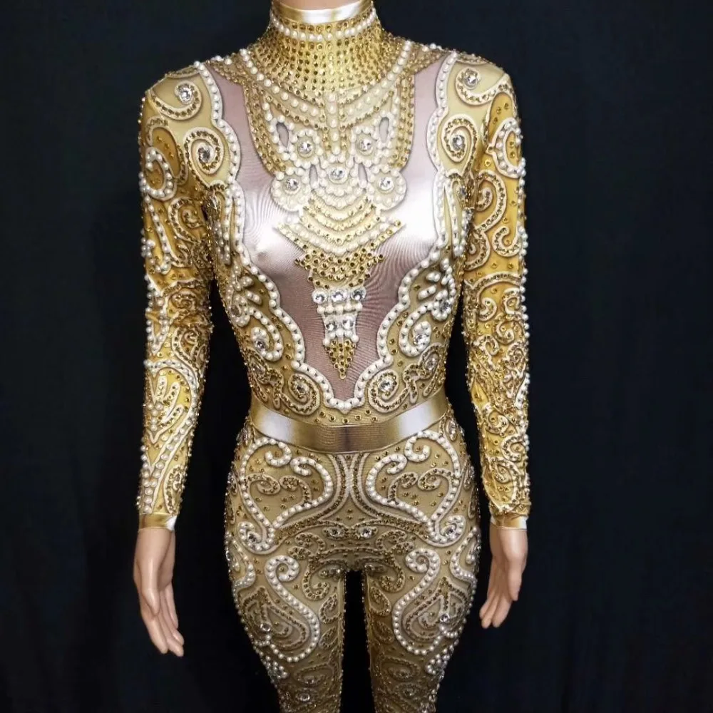 DJ Female Singer Dancer Costume Rhinestones Gold ColorJumpsuit One-piece Bodysuit Nightclub Oufit Party Rompers DJ1010