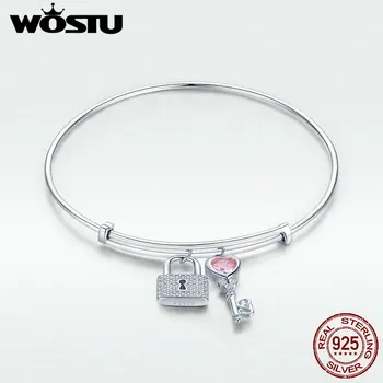 

WOSTU Love Gift Real 925 Sterling Silver Key & Lock Bracelets For Women Bangles Wedding Engagement Silver 925 Jewelry BKB127