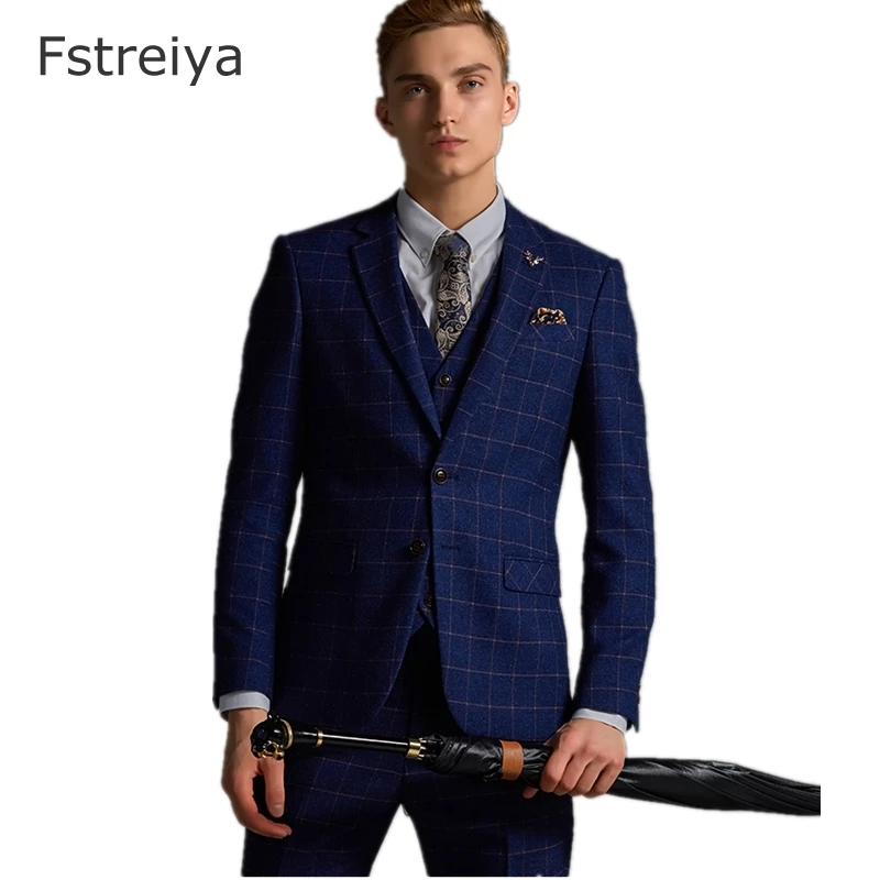 High quality men tailored suit Custom made grid groom slim fit blue suit for wedding customize clothes 3 piece jacket pant vest