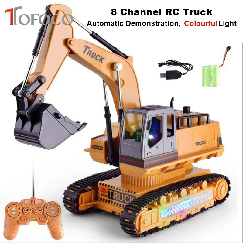 

TOFOCO New Light 8 Channel Charging Rc Truck Vehicle 2.4G Remote Control Engineer Truck Toys For Children's Electric Excavator
