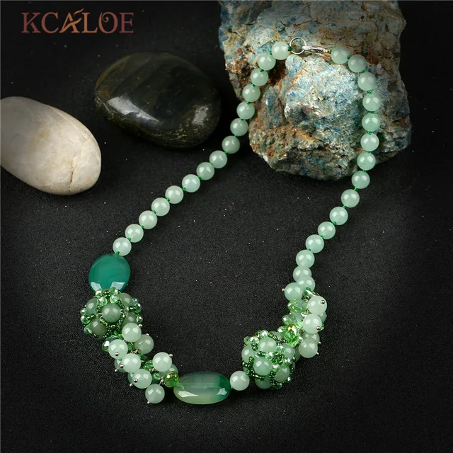 KCALOE Knotted Green Natural Stone Necklace Handmade Beaded Round Ball