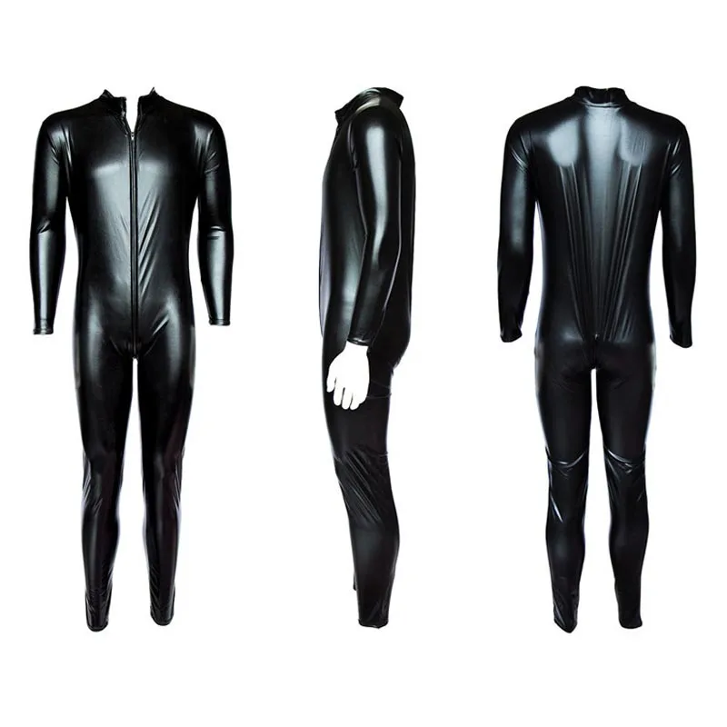 Men's Front Zipper Metallic Wet Look Shiny Catsuit Second Skin Faux Leather Full Body Bodysuit Fetish Sexy Costume red lace teddy