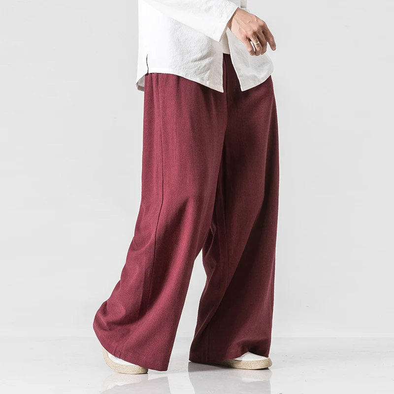 New Cotton Linen Extra Wide Leg Pants Men Chinese Style Male Fashion Loose Comfortable Trousers Solid Drawstring Harem Pants