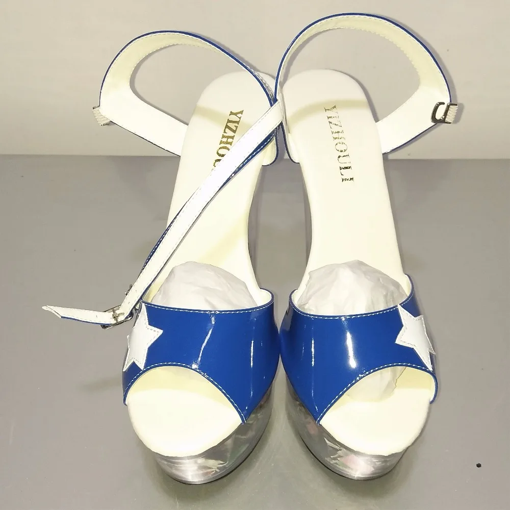 Босоножки на высоком каблуке 15 см с пятиконечной звездой; открытые босоножки на платформе; синие туфли принцессы