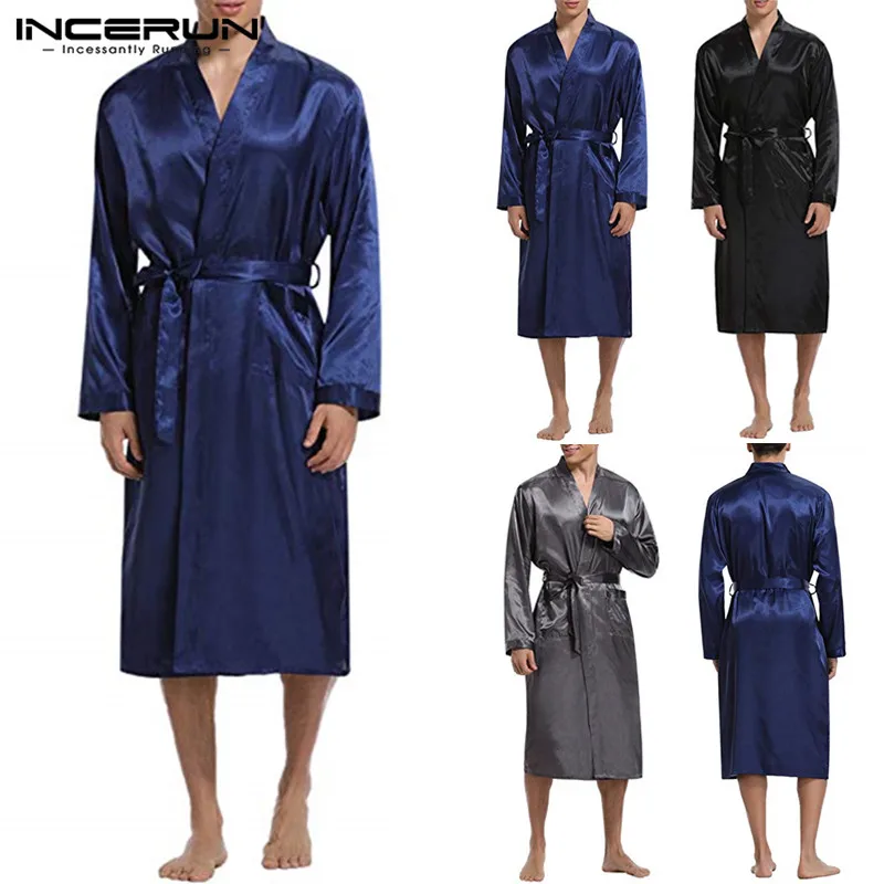 INCERUN для мужчин шелковый атлас халат пижамы Твердые с длинным рукавом мужской Халат Loungewear кимоно досуг длинные одежда 2019