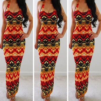 

Women Summer Beach Dress Boho Flame Geometric Print Maxi Dresses Halter Backless Cocktail Party Bohemian Sundress Queen Power