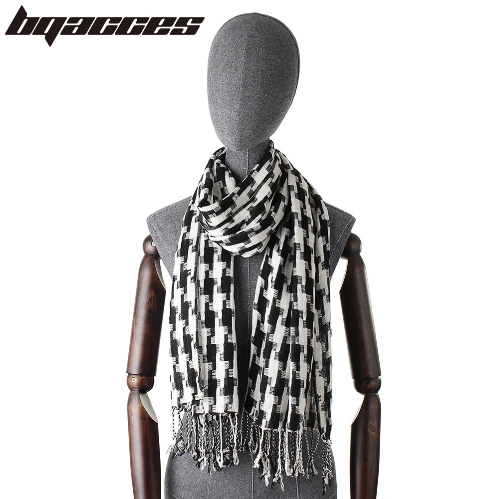 

[BQACCES] Classic Black White Houndstooth Jaquard 100% Cotton Scarf With Tassel Women Winter Warm Shawl Wraps Lady Long Scarves