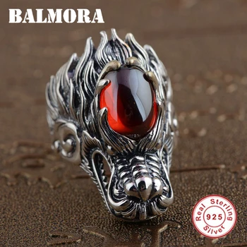 

BALMORA Solid 925 Sterling Silver Vintage Dragon Head Rings for Men Red Garnet Thai Silver Ring Punk Jewelry Anillo