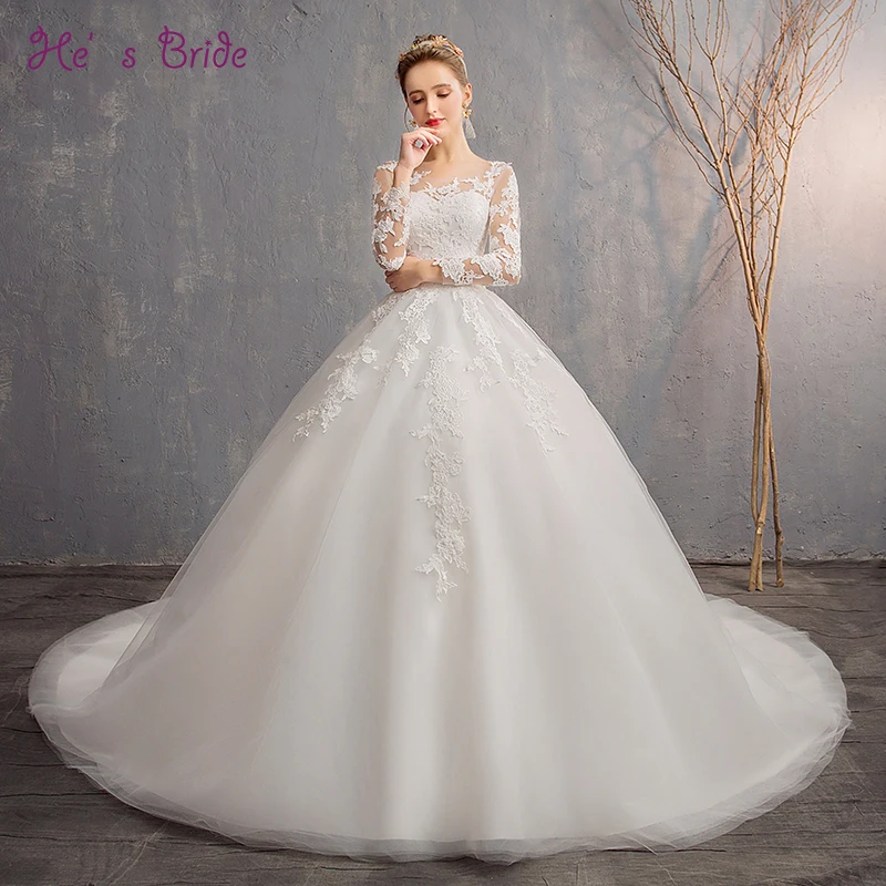 

He's Bride Scoop Appliques A-Line Court Train Long Sleeves White Wedding Dress Custom Made Plus Size Wedding Gown