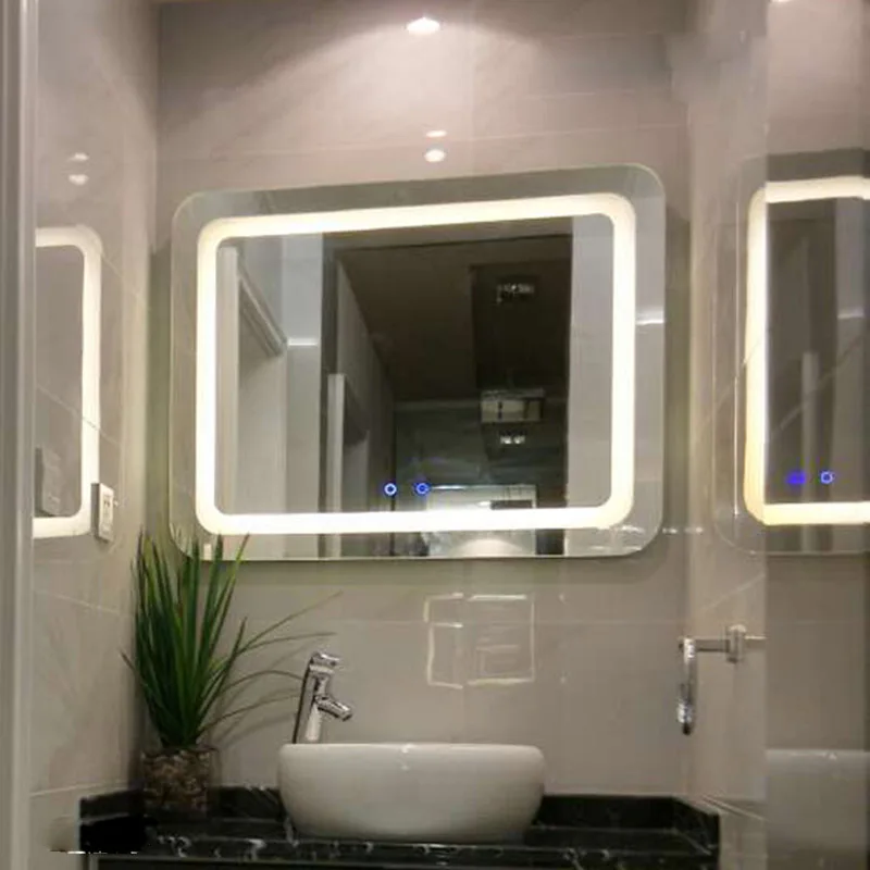 تخصيص حجم LED مرآة المرحاض الذكية مرآة حمام جولة الغرور ماكياج المرايا جدار اللمس شاشة التحكم مكافحة الضباب بلوتوث