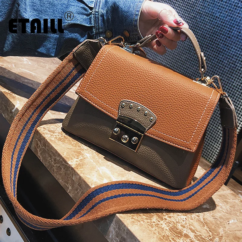 

ETAILL Hit Color Panelled Small Flap Shoulder Bag Colored Wide Strap Messenger Bag Patchwork 2018 Top Handle Women Handbag
