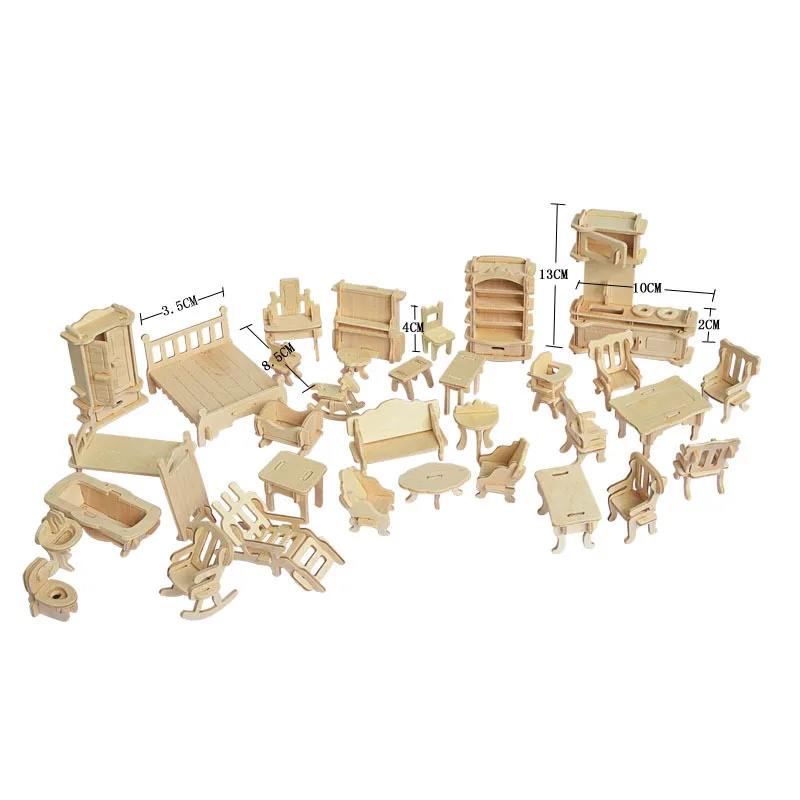 

35 Pcs/Set Miniature 1:12 Dollhouse Furniture for Dolls Mini 3D Wooden Puzzle DIY Assembly Building Model Toys for Children Gift