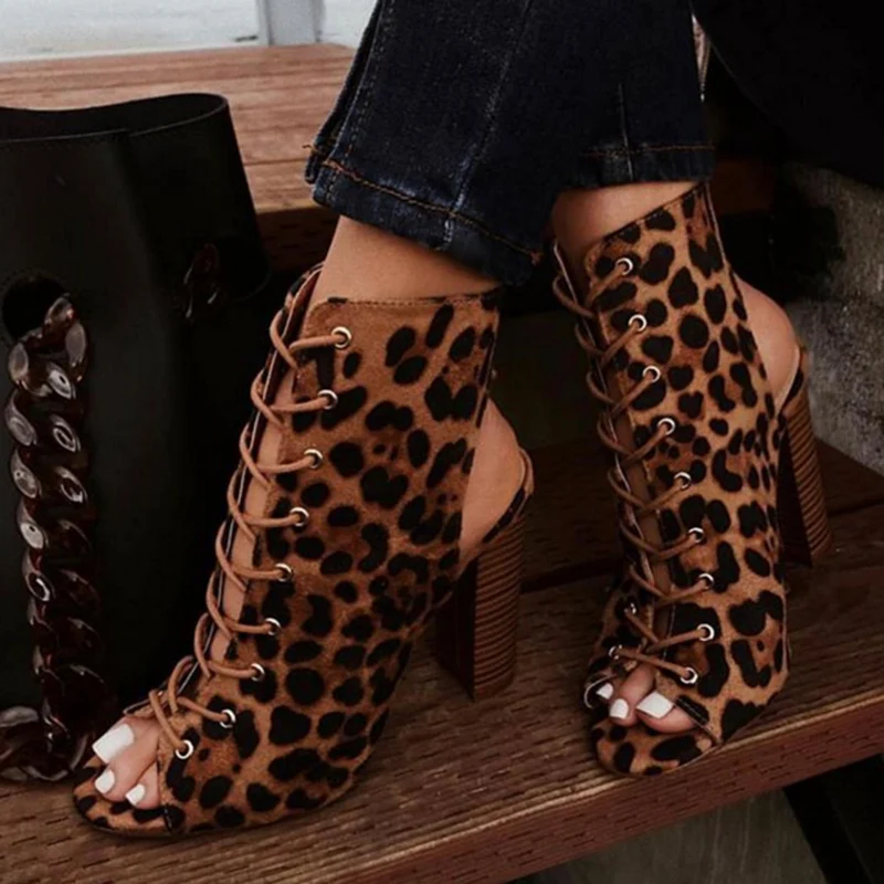 

2019 Luxury Women 11.5cm High Heels Fetish Sandals Ankle Boots Summer Cross Tie Suede Leopard Block Heels Peep Toe Sandals Shoes