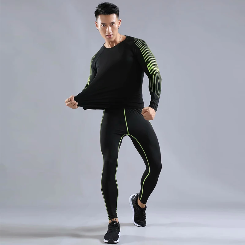 Мужская спортивная одежда для фитнеса Спортивная быстросохнущая Мужская Беговая утягивающий костюм облегающая Фитнес Спортивный костюм для бега для мужчин - Цвет: 731-725-Green-Suit