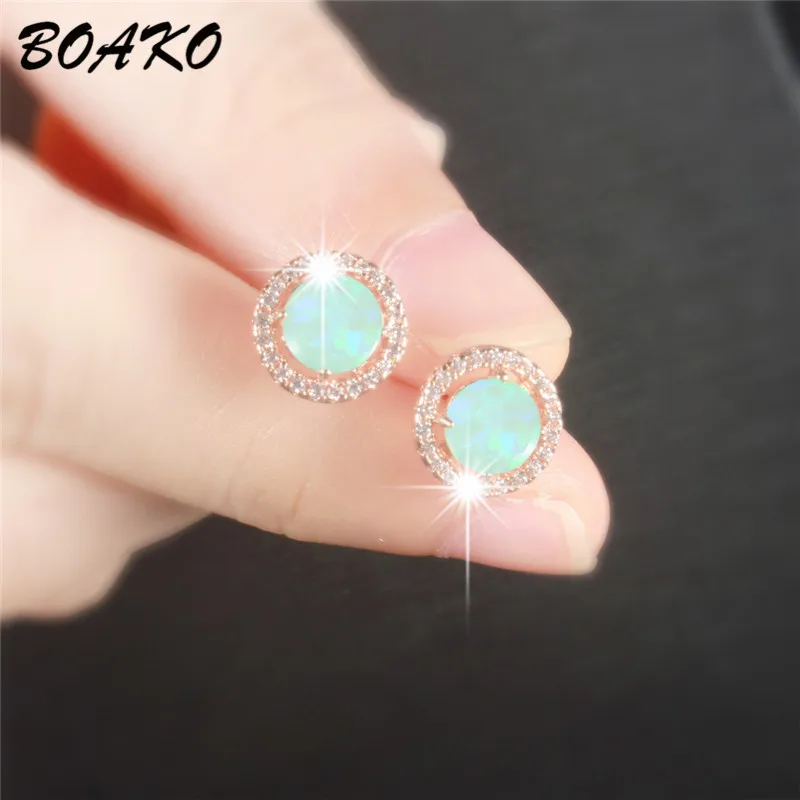 

BOAKO White Fire Opal Earrings Rose Gold Color Wedding Earrings for Women Jewelry Crystal Zirconia Stud Earring boucle d'oreille