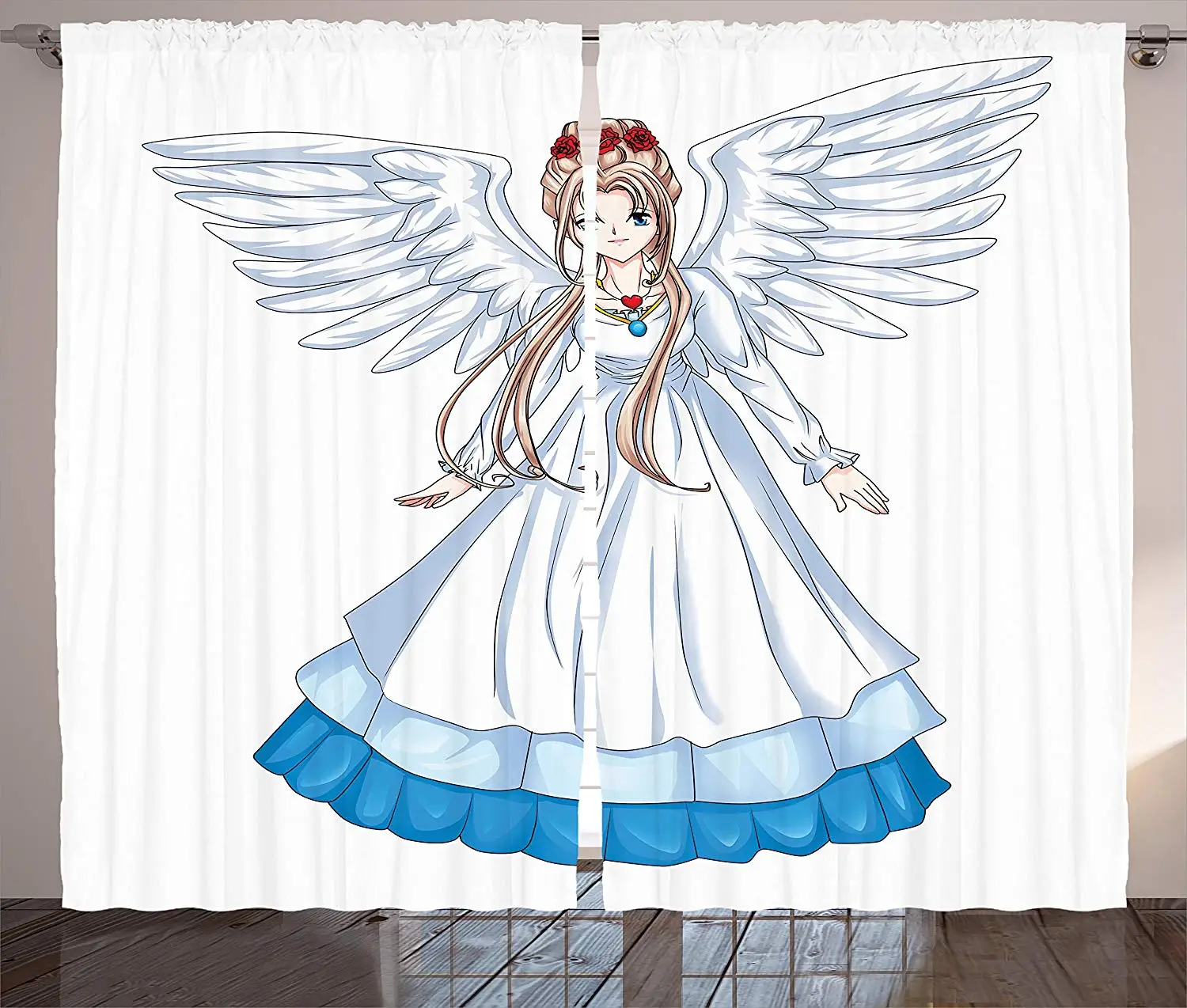 

Anime Curtains Decor Cartoon Illustration of Cute Angel Wings and Flowers Fairytale Japanese Manga Print Living Room Bedroom