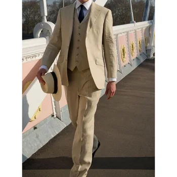 

2017 Beige Linen Summer Beach wedding suits for men Slim Fit 3 Piece Groom Tuxedo Custom Blazer Prom mens Suit smoking masculino