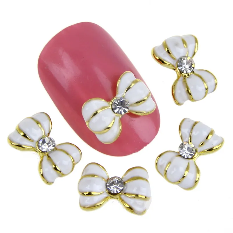 10Pcs/Lot White Bowknot 3D Alloy Nail Charms Gold Strip Design