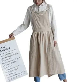 

Nordic Pleated Skirt Apron Cotton Linen Bib With Pocket Flower Coffee Shop Cooking Baking Crafting Gardening Serving