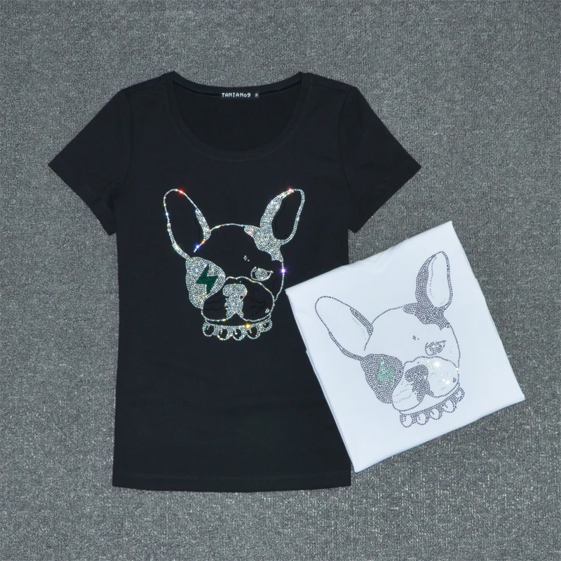 

T-Shirt Women Rhinestones Cartoon Dogs Print Short Sleeve Summer Top Shoulder T Shirt Feminina Women Tops Tee Shirts Femme
